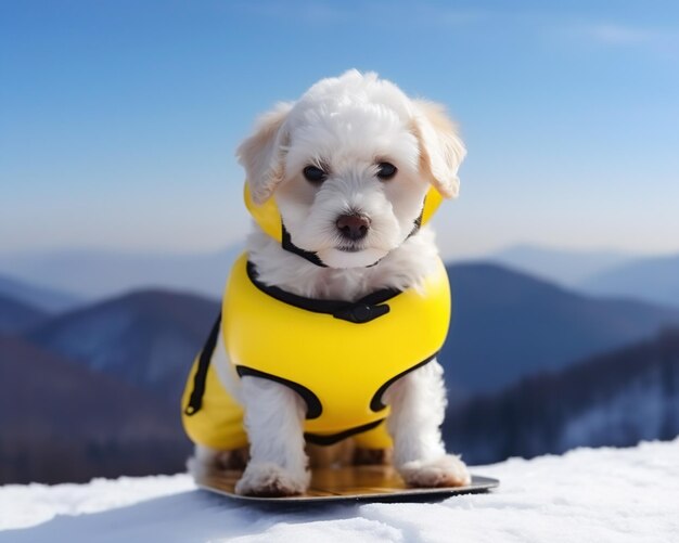 a cute little white dog skiing on the mountain