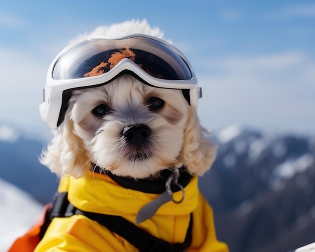 a cute little white dog skiing on the mountain