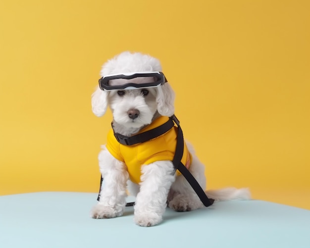 a cute little white dog skiing on the mountain