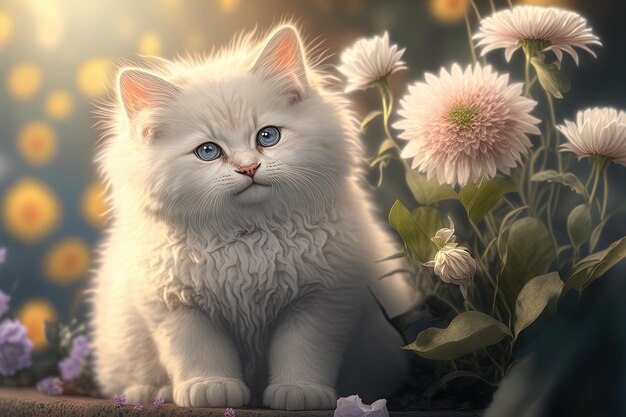 Cute little white kitten in grass and flowers AI