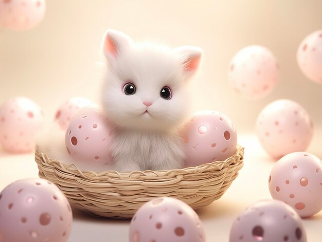 写真 ピンクのイースターエッグのバスケットの中の可愛い小さな白い子猫 3dレンダリング