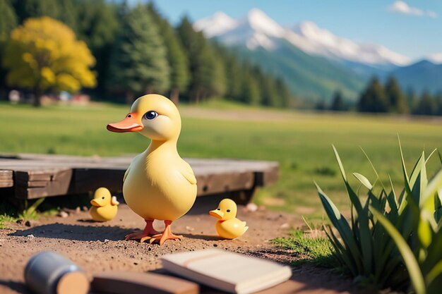 Photo cute little yellow duck poultry pet duck wallpaper background outdoor weather sunny