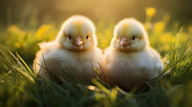 Photo cute little yellow ducklings on green grass in sunset light