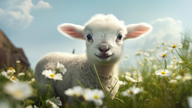 Photo cute litttle lamb on fresh green meadow