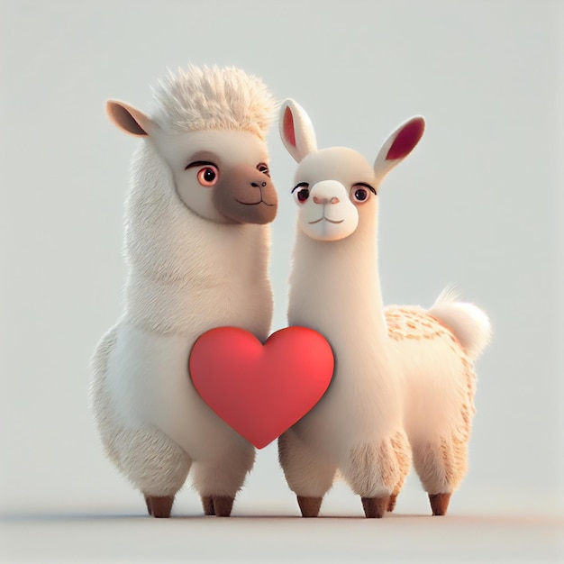 Cute llama or alpaca couple in love with hearts 3d render cartoon illustration