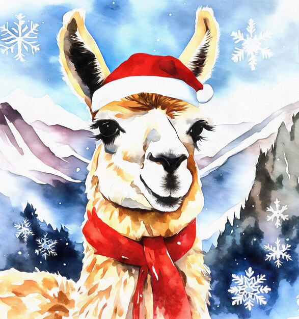 Cute llama in red hat and scarf watercolor painting