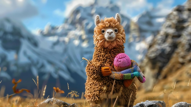 Photo cute llama wearing a colorful handknitted hat and scarf standing in the mountains