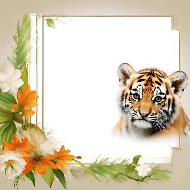 Photo cute llustration animal white frame template for kid card invitation