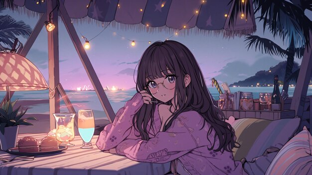 Cute lofi girl anime illustration wallpaper background design manga style art Generative AI