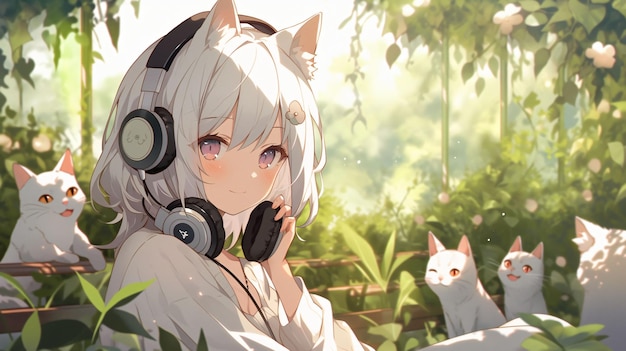 Cute Lofi Girl illustration anime manga style in nature wallpaper background design Generative AI