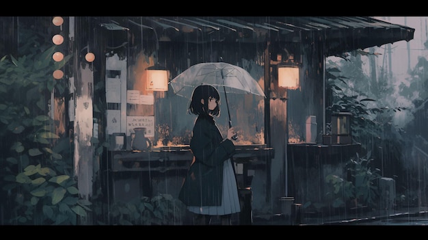 Cute lofi girl on rain anime manga style illustration background design wallpaper Generative AI