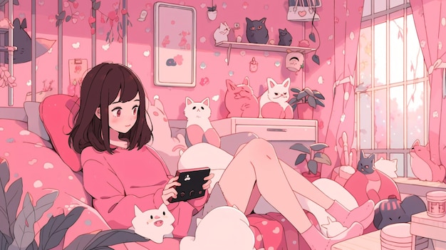 Cute LOFI Girl in a room illustration anime manga style wallpaper background design Generative AI