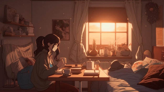 Cute Lofi Girl workstation wallpaper background female anime manga cute cozy Generative AI