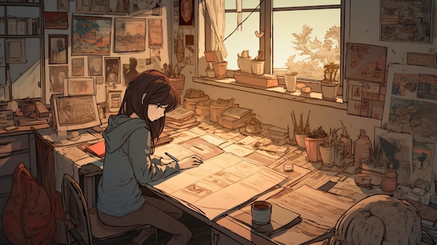 Cute Lofi Girl workstation wallpaper background female anime manga cute cozy Generative AI