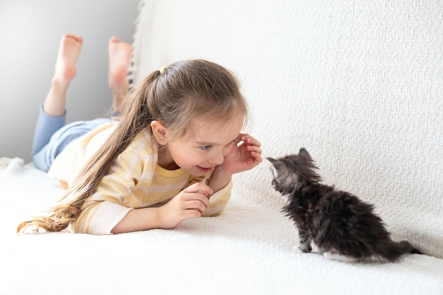 A cute longhaired girl of 5 years lies on the couch and plays with a kitten of the maine coon breed Bright room Friendship between man and cat