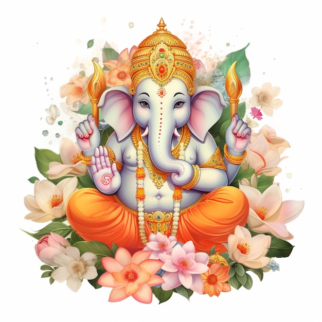 A cute Lord Ganpati with flowers with white background