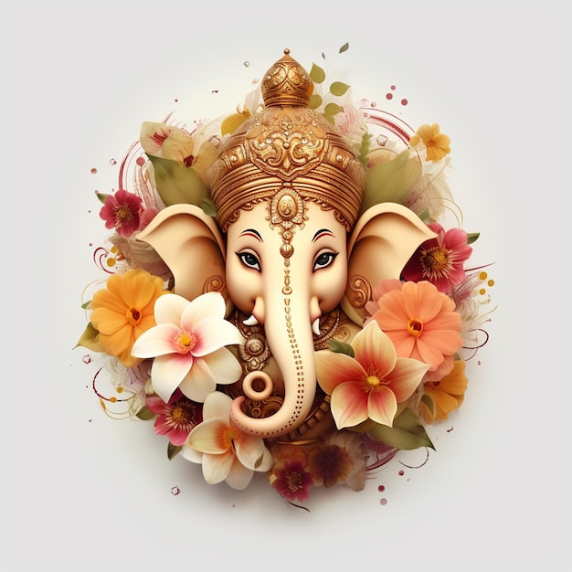 A cute Lord Ganpati with flowers with white background