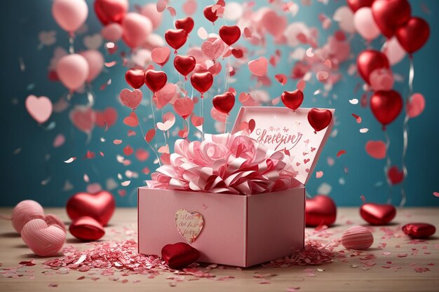 Photo cute love message popping out of an open present box with confetti and heart shape balloons around 3d scene design suitable for valentines day and mothers day