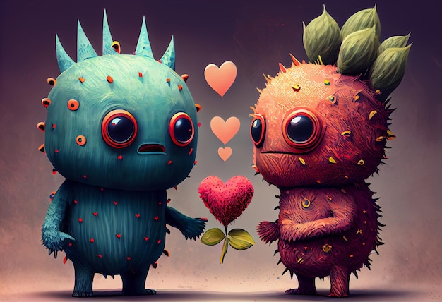 Cute love monster illustrations with hearts Generate Ai