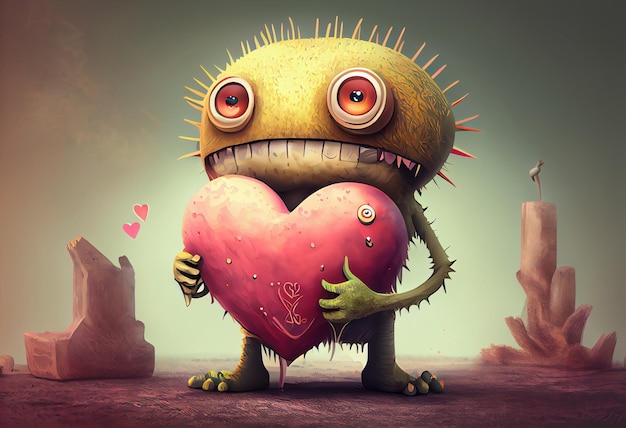 Cute love monster with heart illustrations Generate Ai