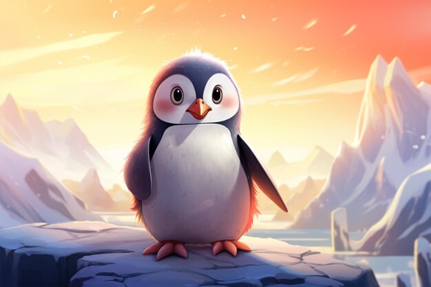 cute and lovely penguin standing on an ice rock with mountains