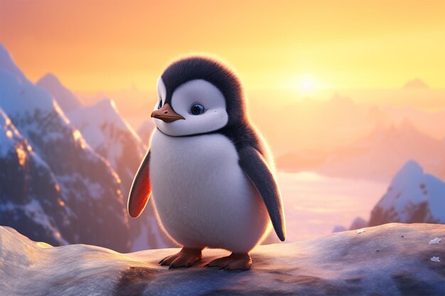 Photo cute and lovely penguin standing on an ice rock with mountains