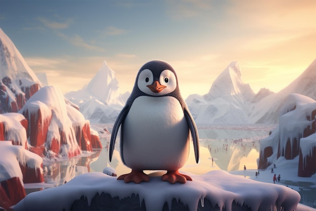 Photo cute and lovely penguin standing on an ice rock with mountains