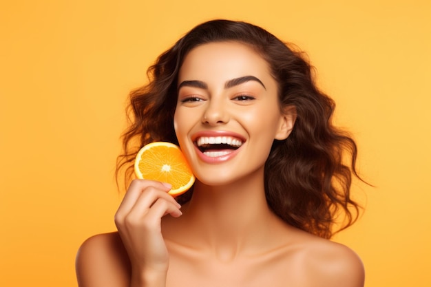 cute lovely with toothy beaming smile perfect make up lady tasting slice on iced orange