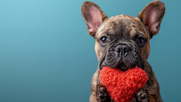 Cute lover Valentine French bulldog puppy dog lying with a red heart isolated on blue background