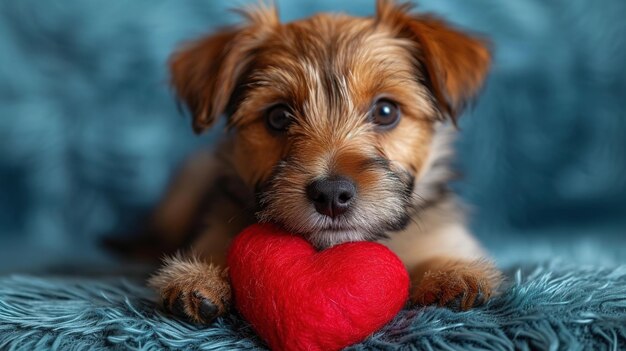 Photo cute lover valentine puppy dog lying with a red heart isolated on blue background