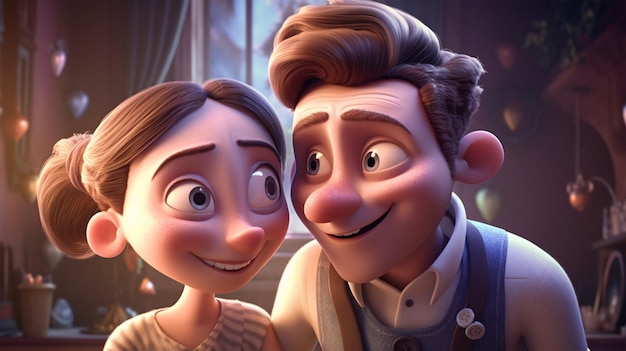 a cute lovers 3d cartoon couple smiling