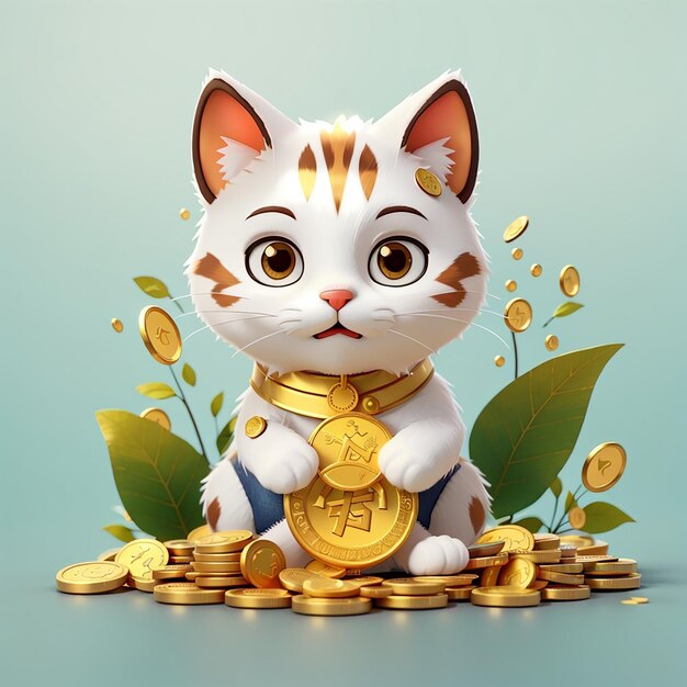Cute lucky cat with coin gold plant money cartoon vector icon illustration animal finance isolated