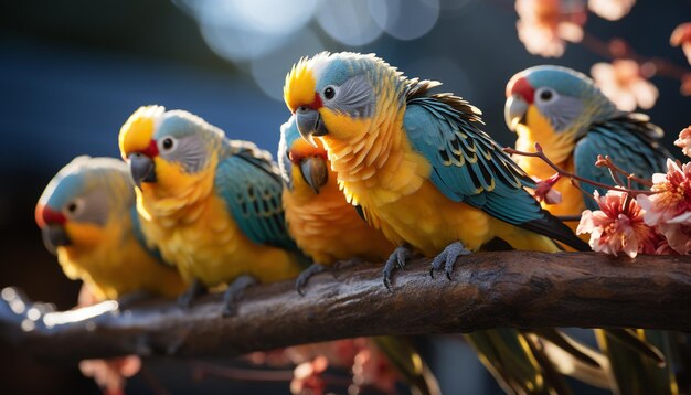 Cute macaw perching on branch vibrant colors in nature generated by artificial intelligence