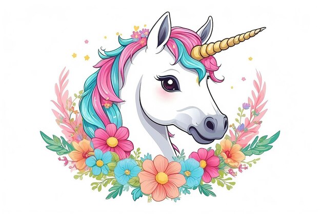 Cute magic cartoon unicorn head with frame of flowers illustration for children isolated on white background for print on