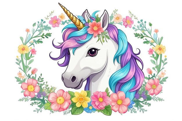 Cute magic cartoon unicorn head with frame of flowers illustration for children isolated on white background for print on