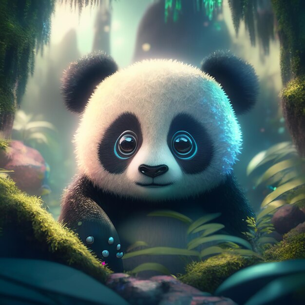 A cute majestic panda with blue eyes sits in a forest generative ai