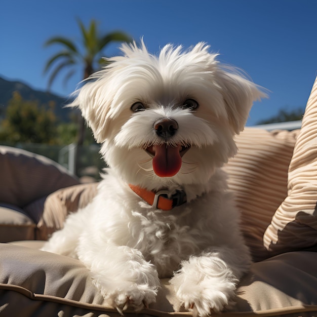 CUTE MALDESE DOG SITTING ON A PILLOW