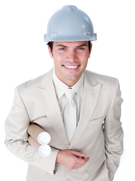 Cute male architect is holding blueprints