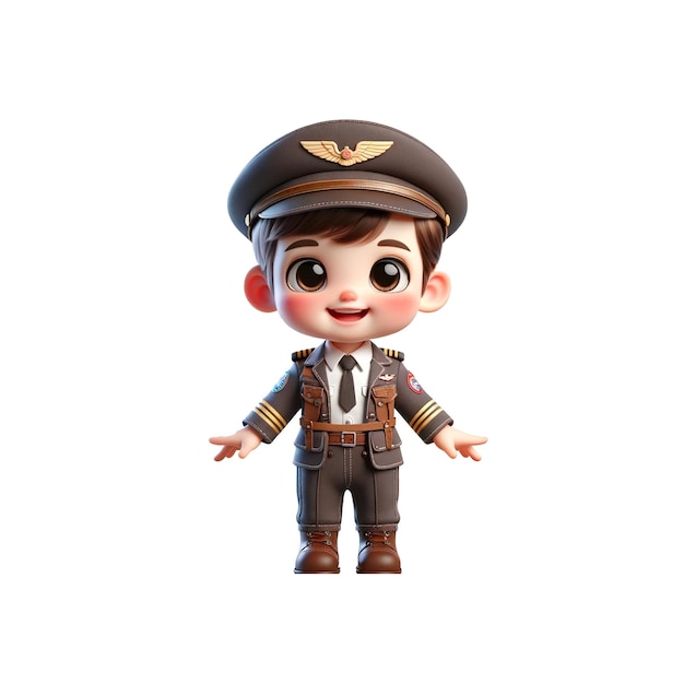 A cute male baby Pilot in uniform smiling and standing confidently isolated