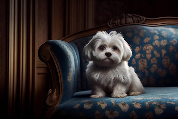 Cute Maltese Dog Enjoying Time on Comfortable Sofa Generative AI