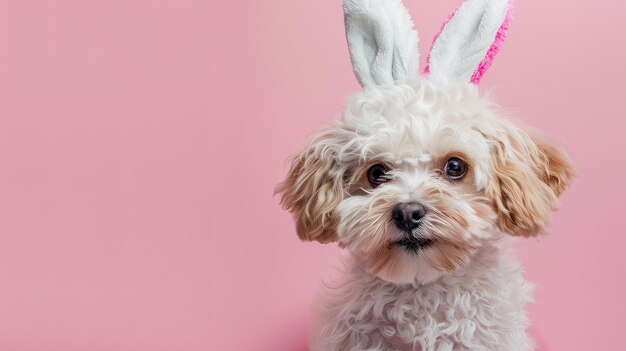Cute maltipoo wearing Easter Bunny Ear on a Pink Background with copy space