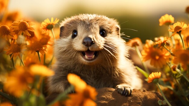 Cute mammal sitting on grass looking at camera in nature