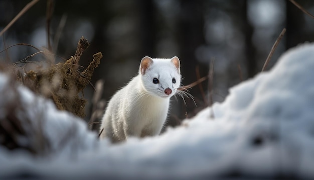 人工知能によって生成された小さくてふわふわしたカメラを見ている雪の中でかわいい哺乳類