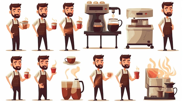 Foto uomo carino barista che fa il caffè cartone animato vettoriale icona illustrazione gente beve icona concetto isolato