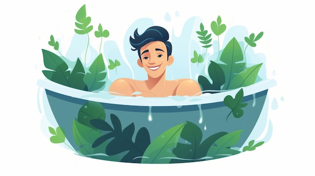 Photo cute man bathing in bathtub cartoon vector icon illustration people nature icon concept isolated