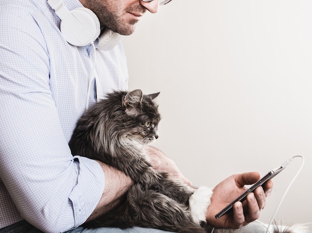 Cute man and cute kitten