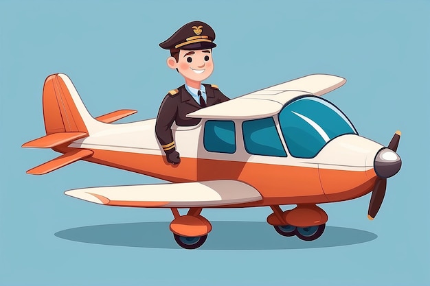 Cute man pilot flight with plane cartoon vector icon illustration people transportation isolated