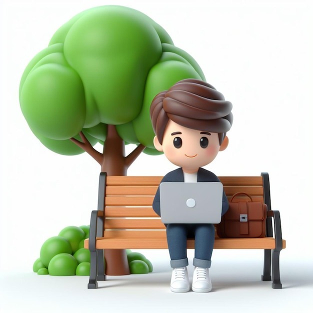 Cute man typing laptop under tree