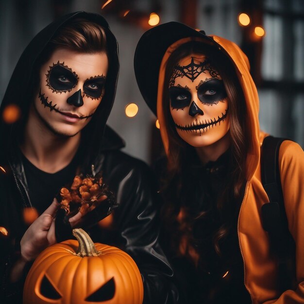 Cute man and woman wearing halloween best friends celebrated halloween couple posing with pumpkin