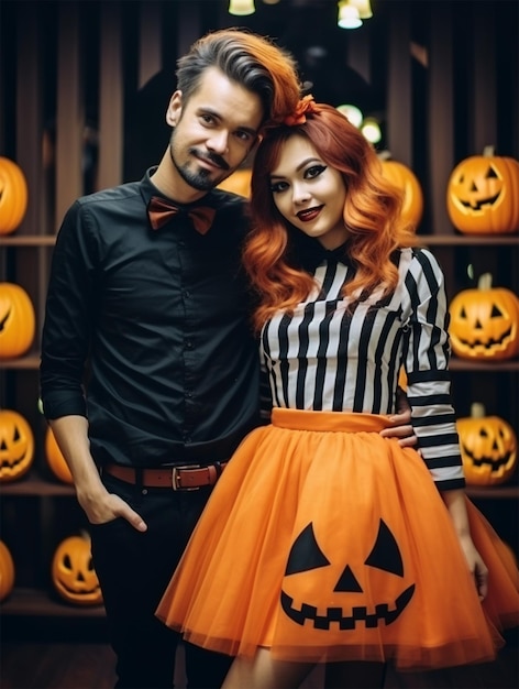 cute man and woman wearing halloween clothes best friends celebrated halloween couple posing with pu